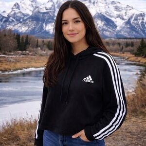 Adidas Black 3-Stripe Cropped Hoodie Sweatshirt Women’s M